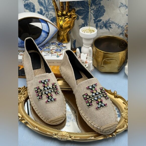 🆕 TORY BURCH 🧿 NWOB Ines Linen & Leather Bejewelled Espadrilles - Sz 10 M - Picture 3 of 13
